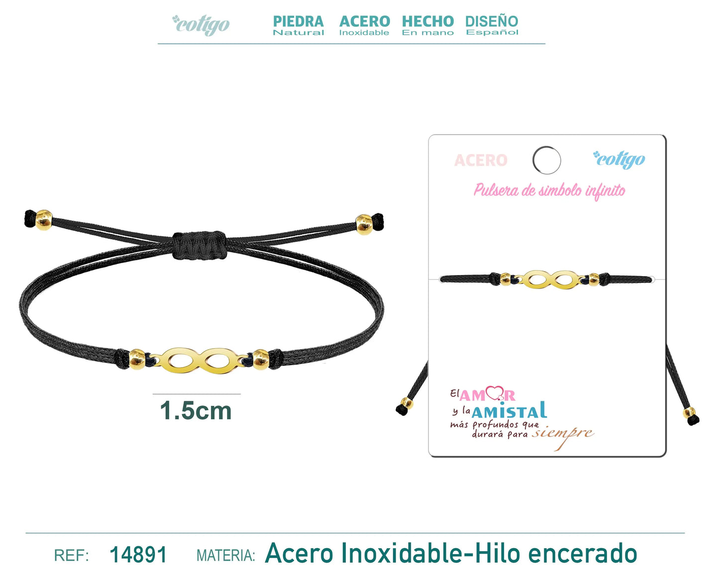 Pulsera Hilo encerado Negro-Infinito Dorado - cotigo
