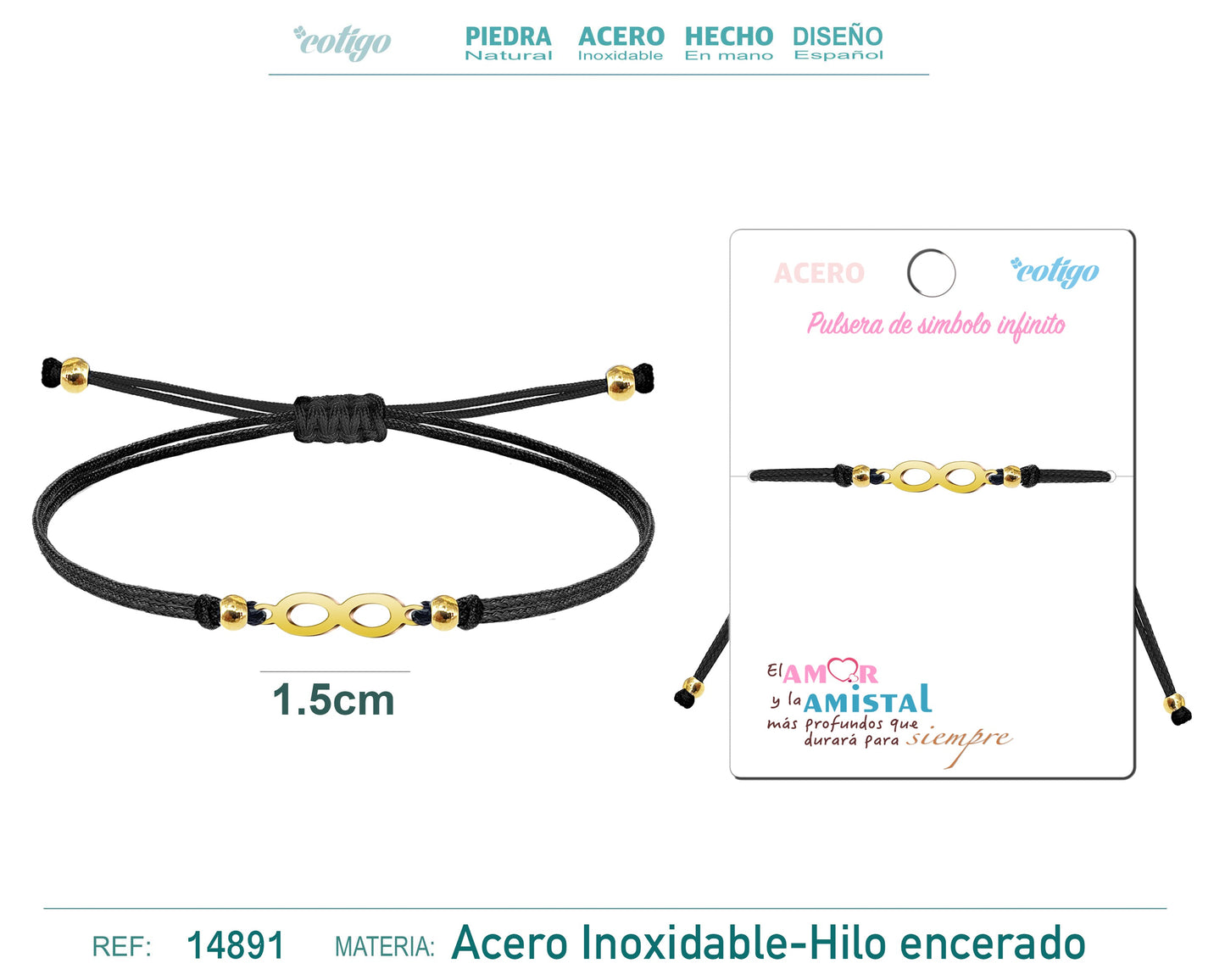 Pulsera Hilo encerado Negro-Infinito Dorado