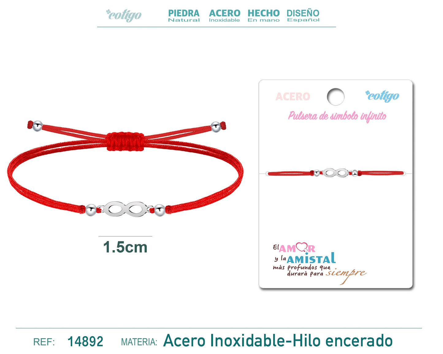 Pulsera Hilo encerado Rojo-Infinito Plateado - cotigo