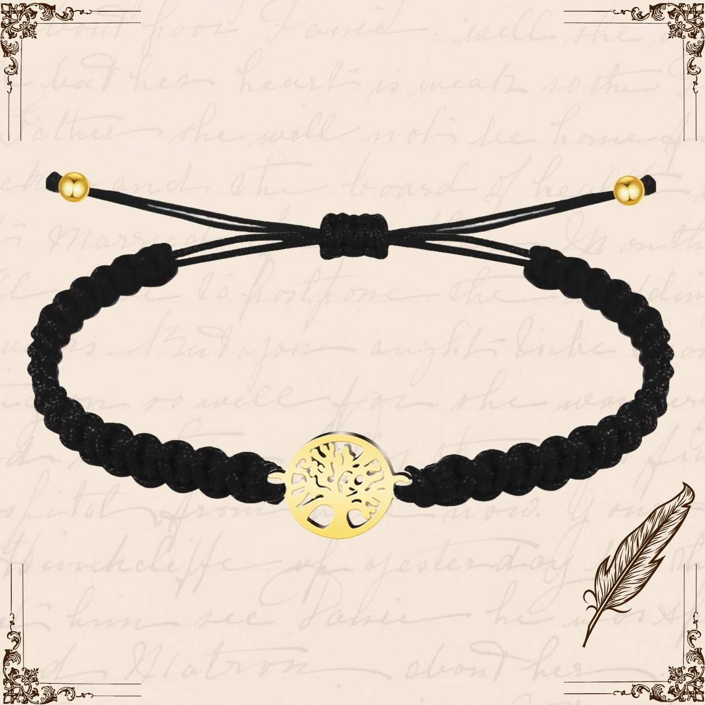 Pulsera Hilo Destino Negro-Arbol de Vida Dorado