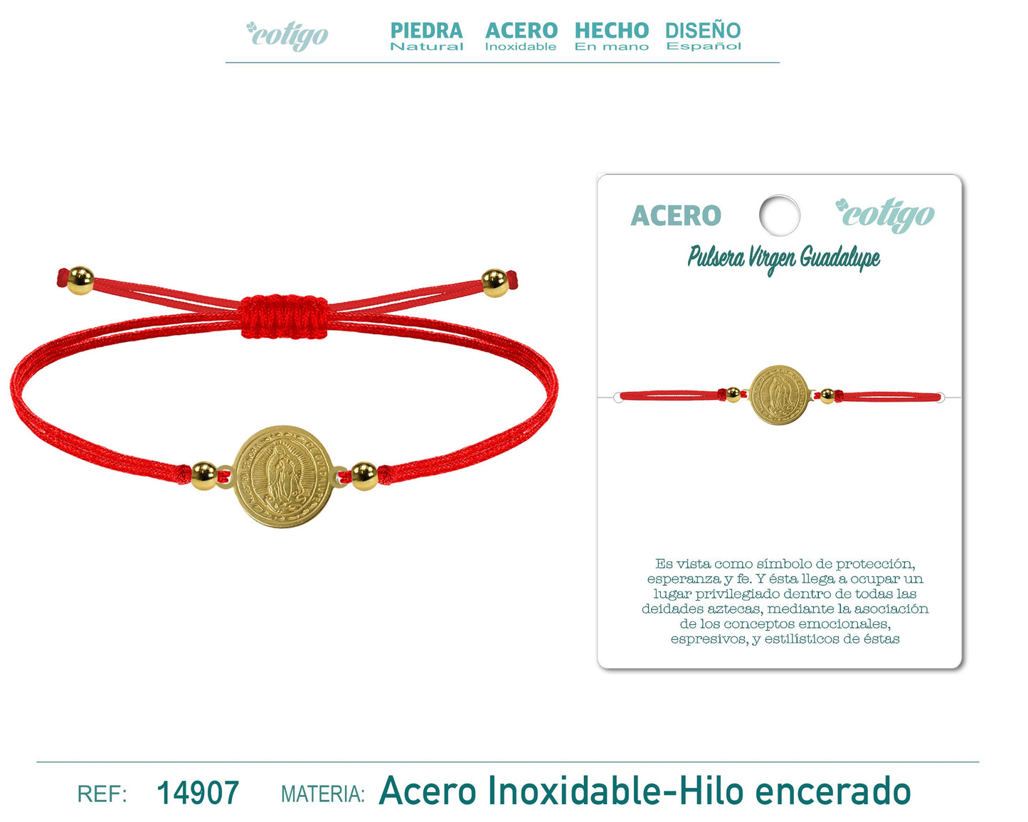 Pulsera Hilo encerado Rojo-Virgen Guadalupe Dorado