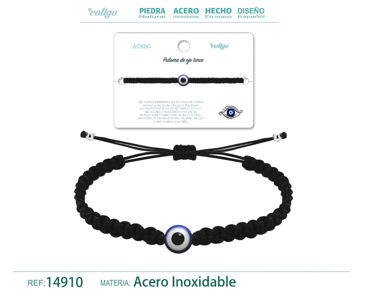 Pulsera de hilo trenzado negro con amuleto central de ojo turco azul y detalles en acero inoxidable.