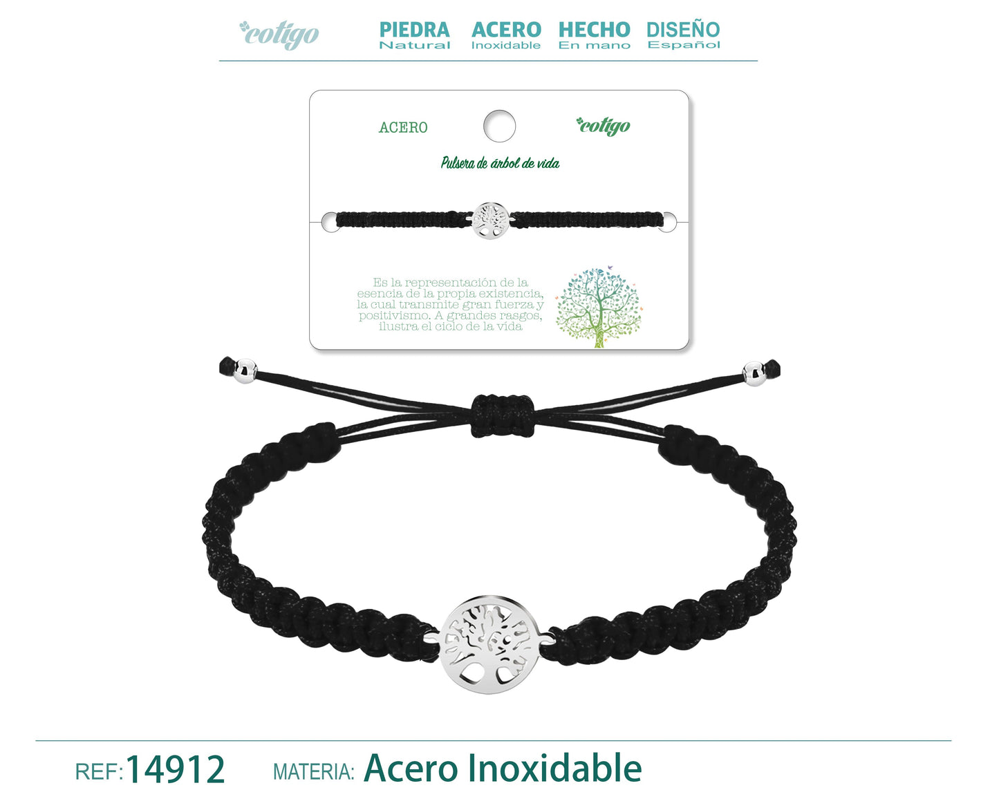 Pulsera Hilo Destino Negro-Arbol de Vida Plateado