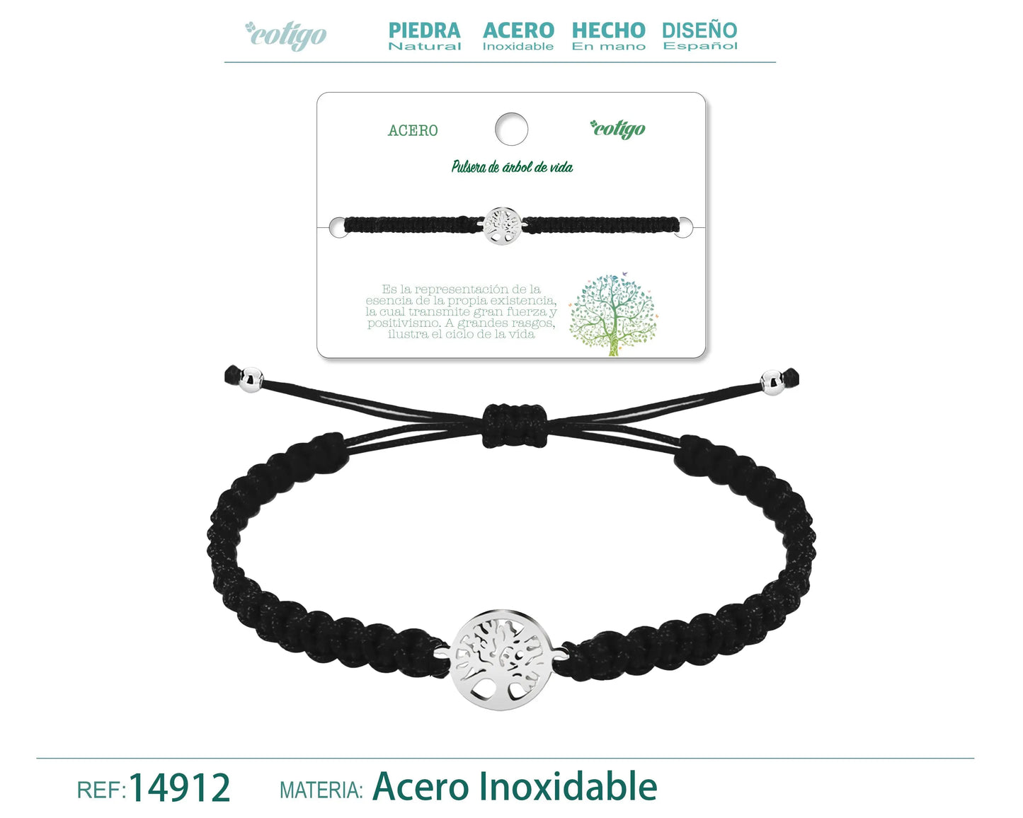 Pulsera Hilo trenzadoNegro-Arbol de Vida Plateado - cotigo