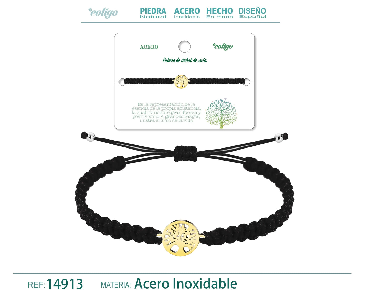 Pulsera Hilo trenzadoNegro-Arbol de Vida Dorado - cotigo