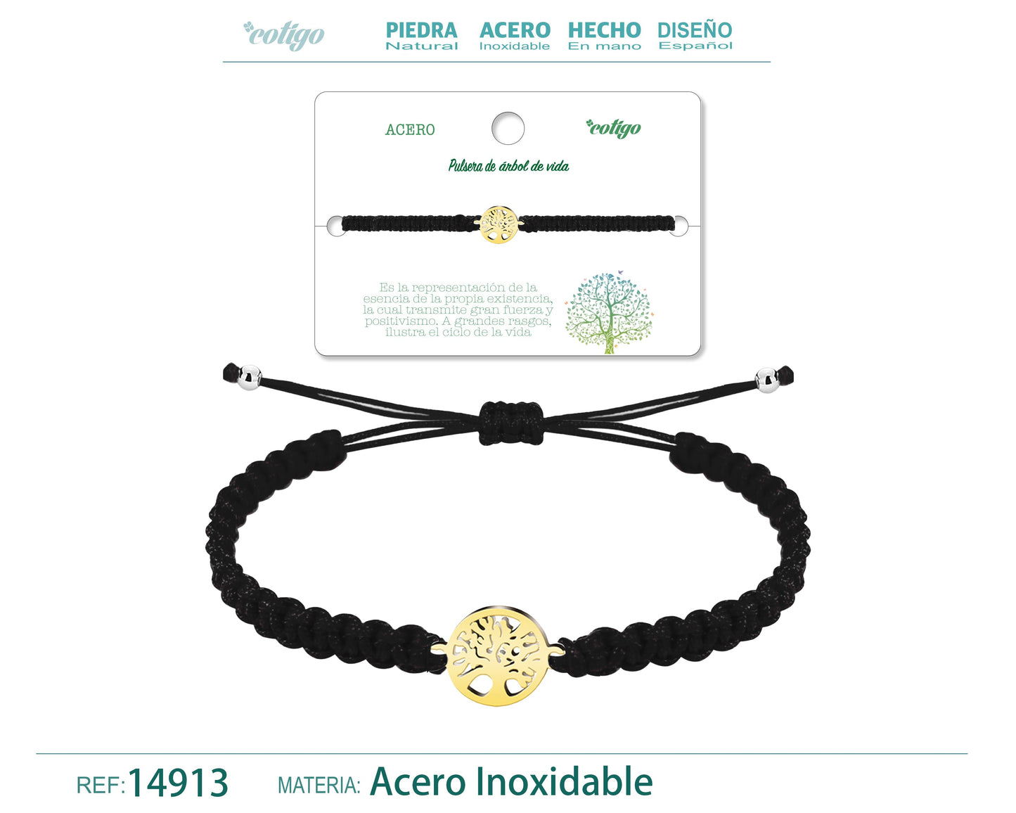 Pulsera Hilo Destino Negro-Arbol de Vida Dorado