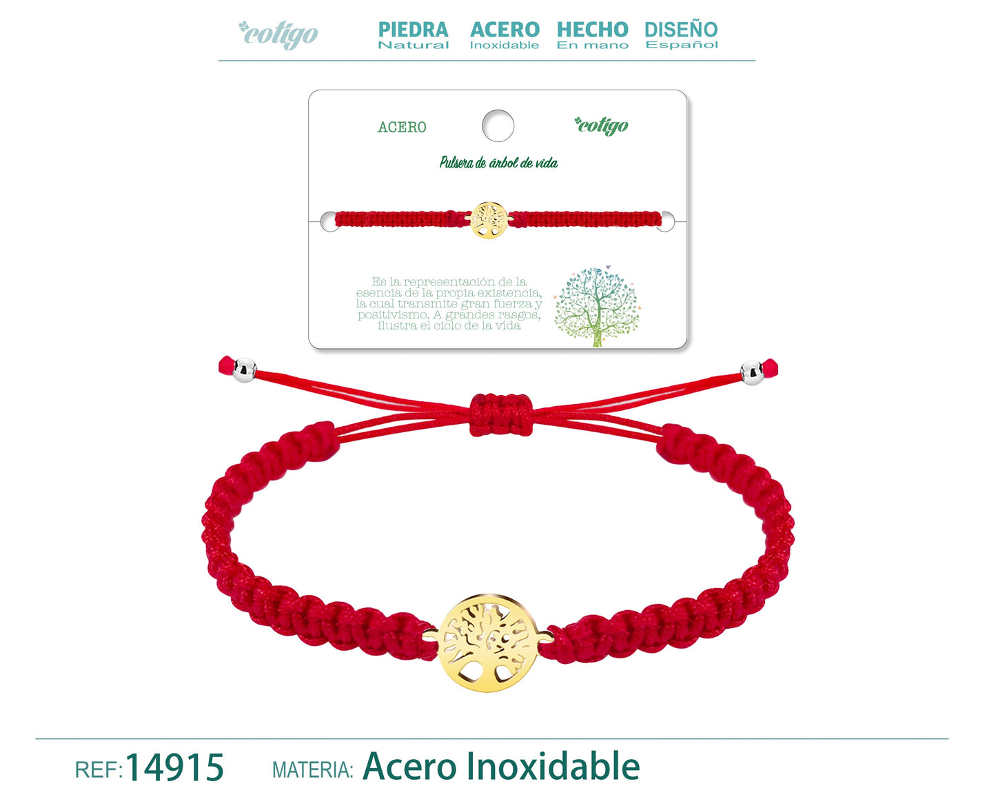 Pulsera Hilo Destino Rojo-Arbol de Vida Dorado