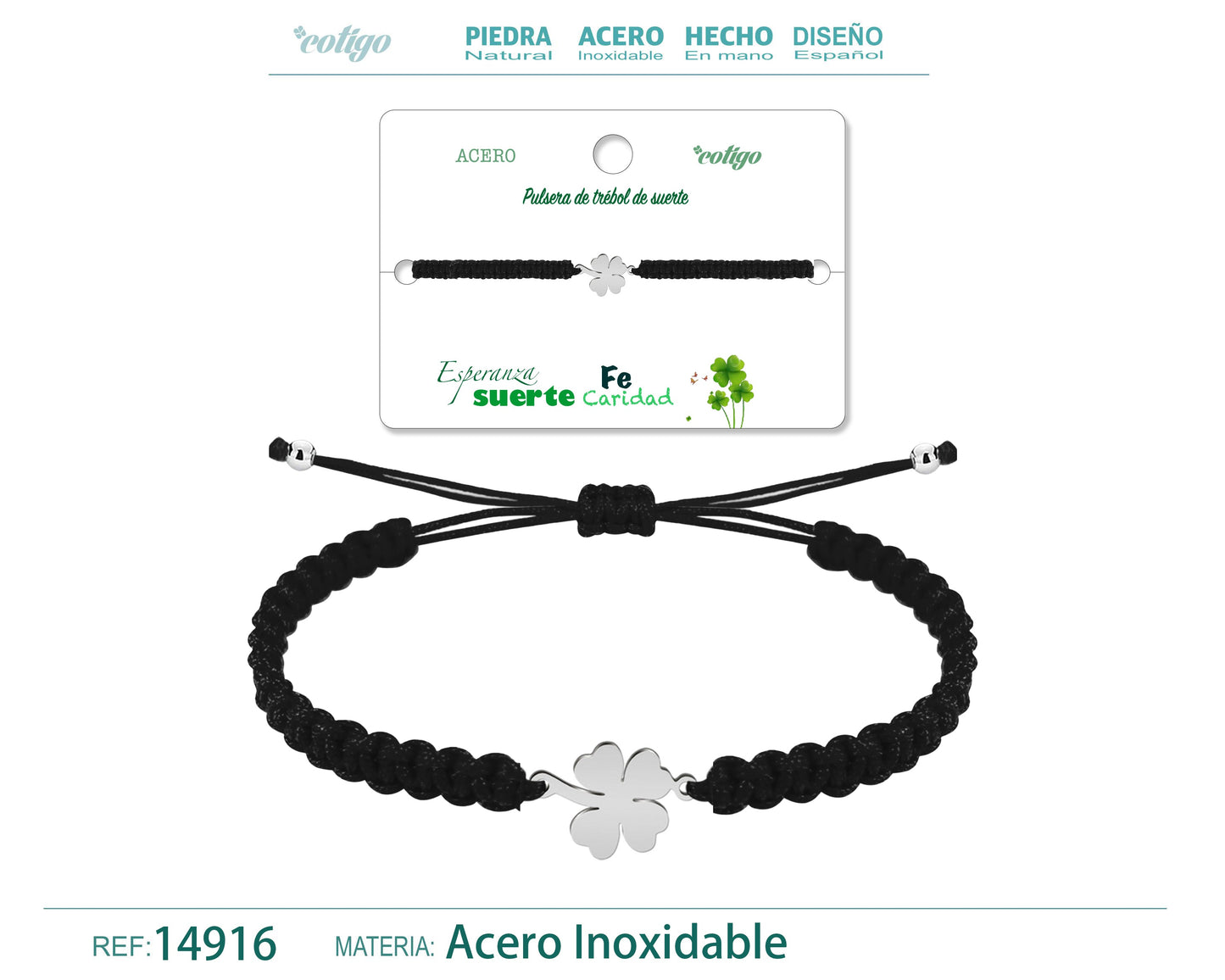 Pulsera Hilo Destino Negro-Trebol cuatro Hojas Plateado