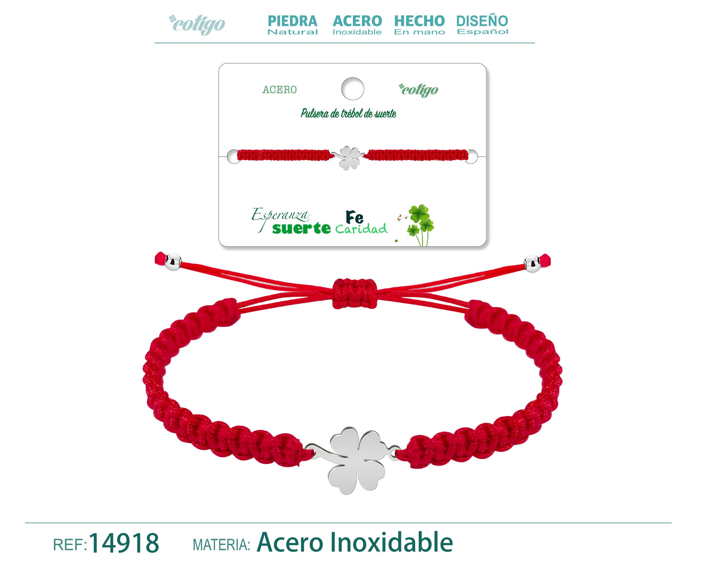 Pulsera Hilo Destino Rojo-Trebol cuatro Hojas Plateado