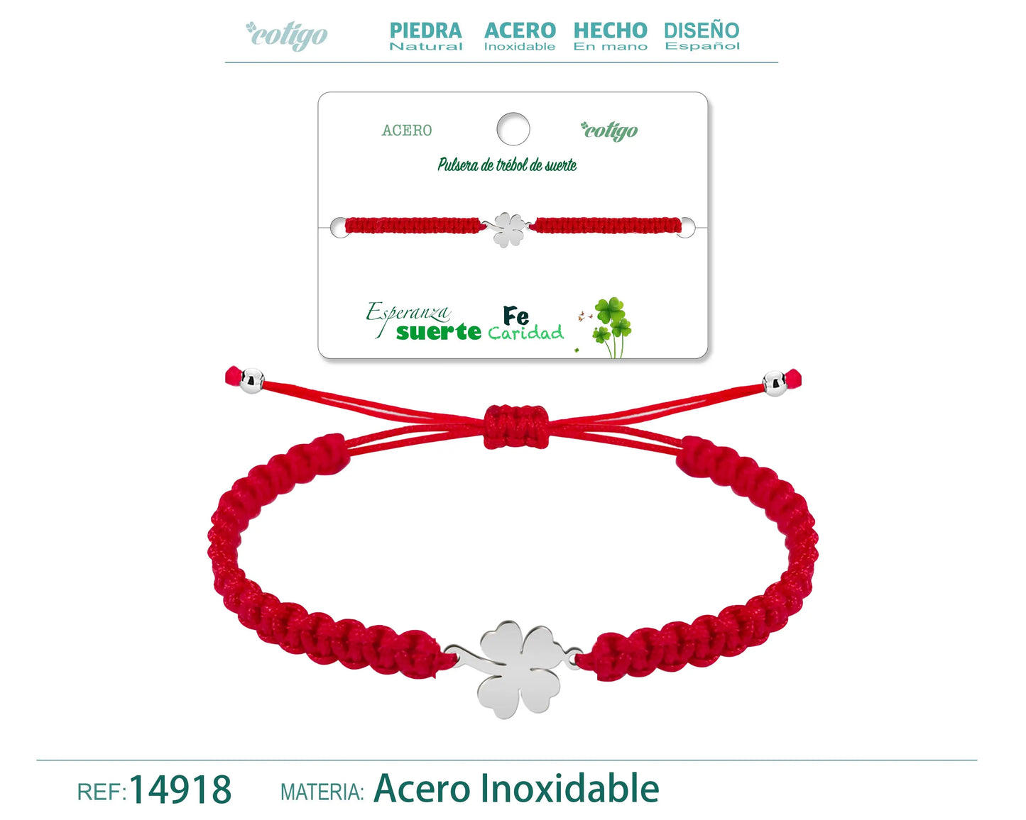 Pulsera Hilo trenzadoRojo-Trebol cuatro Hojas Plateado - cotigo