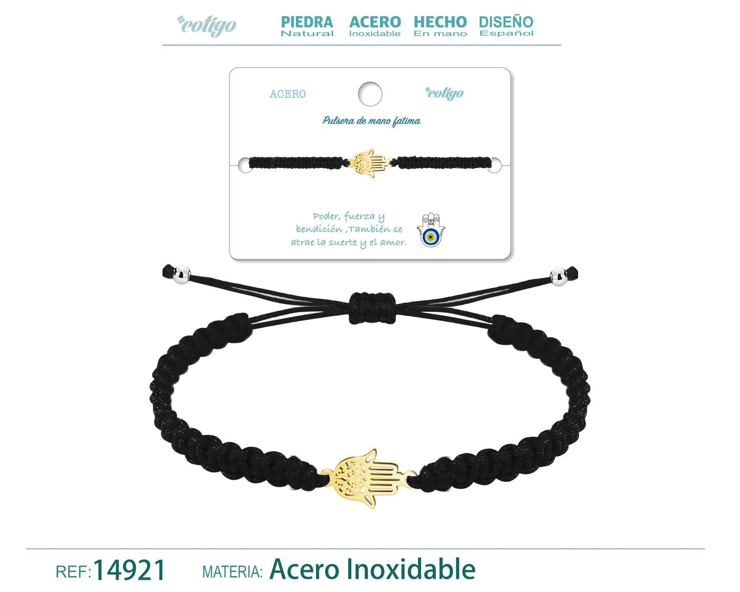 Pulsera Hilo Destino Negro-Mano Fatima Dorado
