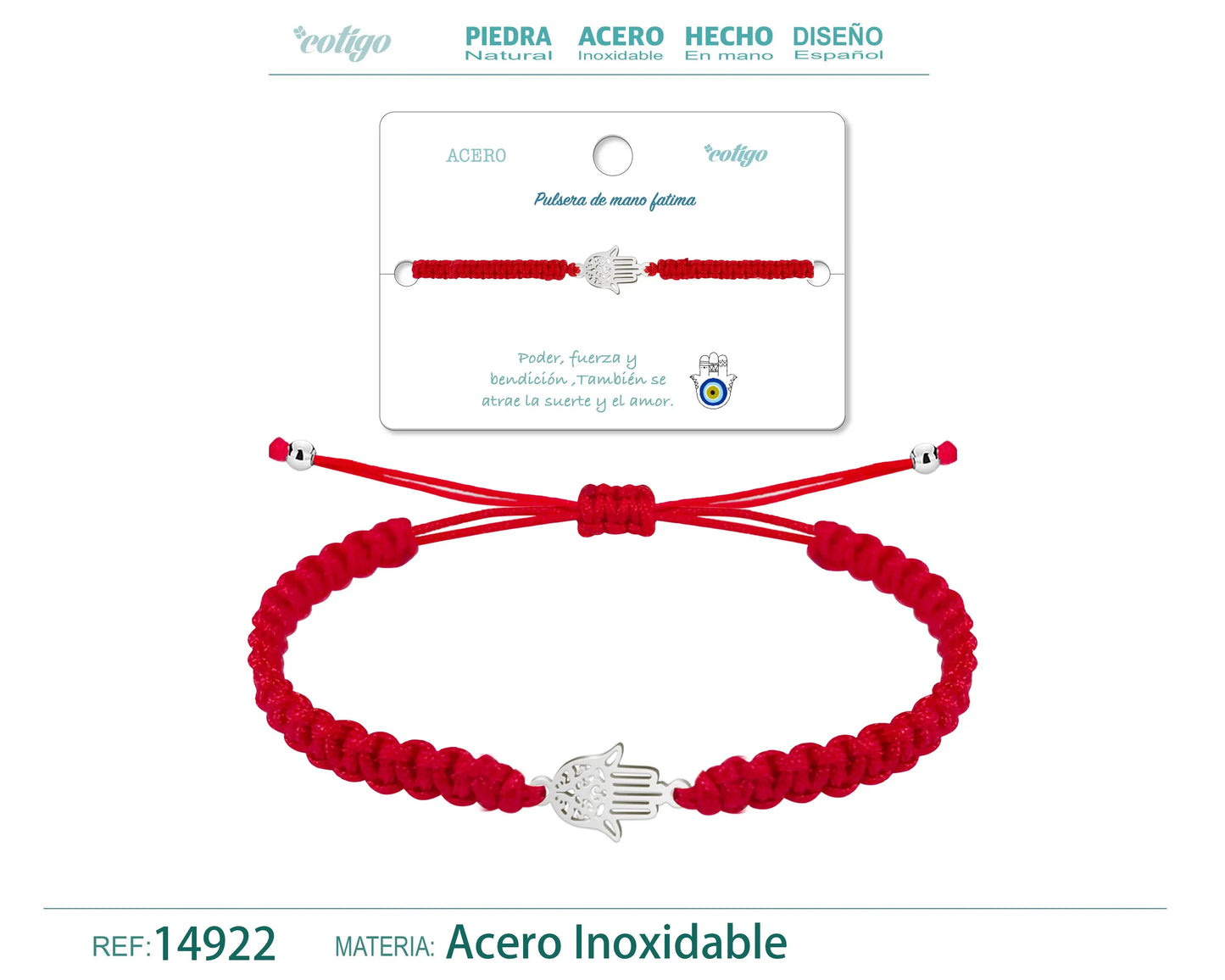 Pulsera Hilo trenzadoRojo-Mano Fatima Plateado - cotigo