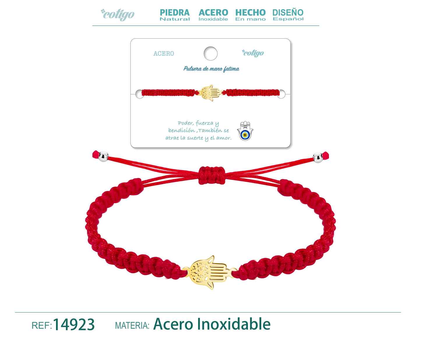 Pulseira de fio trançado vermelho - Mão de Fátima dourada