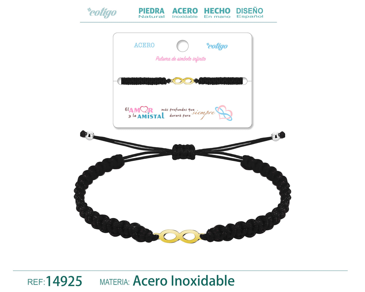 Pulseira de Fio Trançado Preto-Dourado Infinito