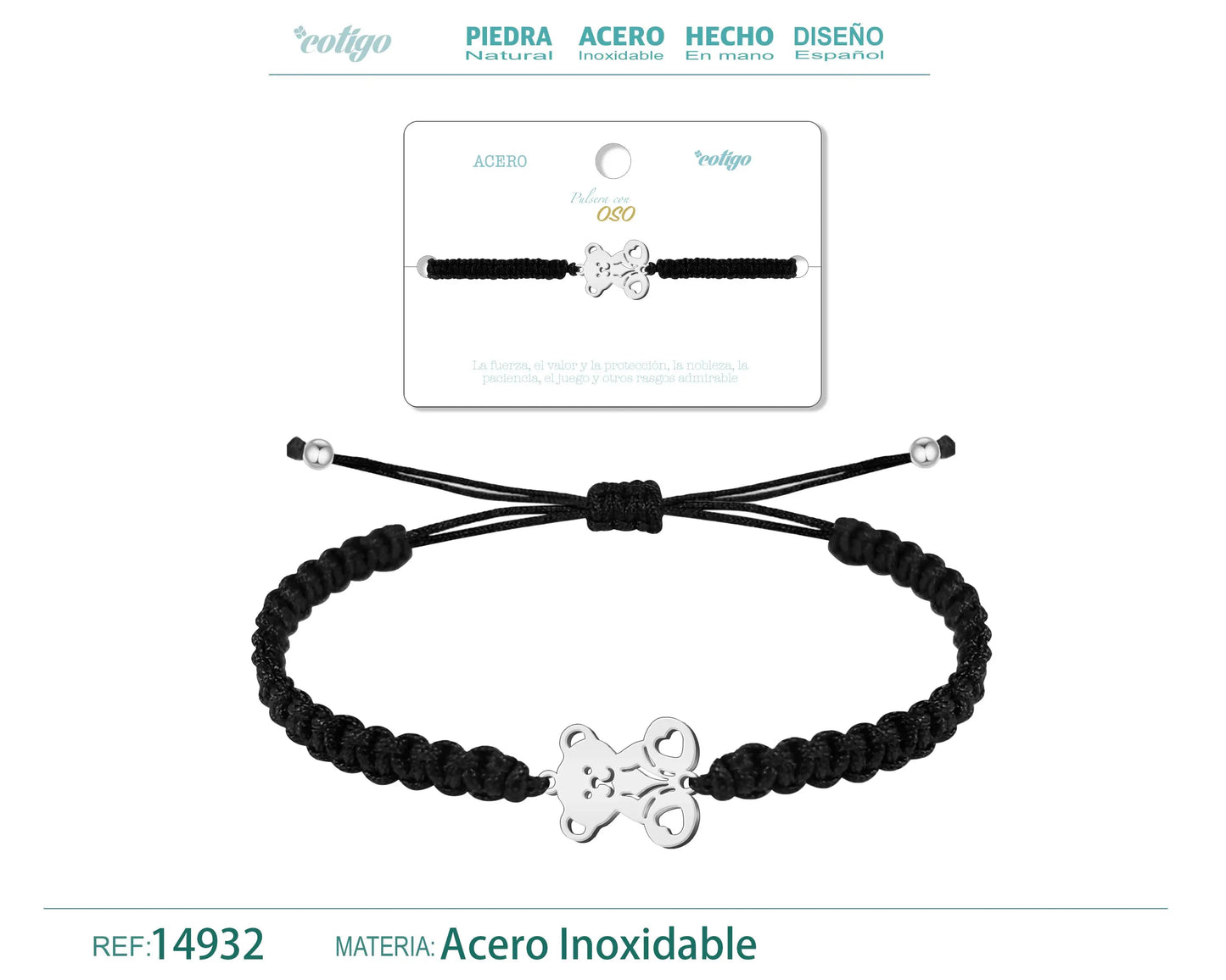 Pulsera Hilo Destino con Oso Acero Plateado - cotigo