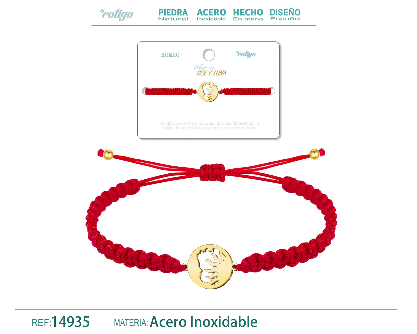 Pulsera Hilo Destino con Sol y Luna Acero Dorado