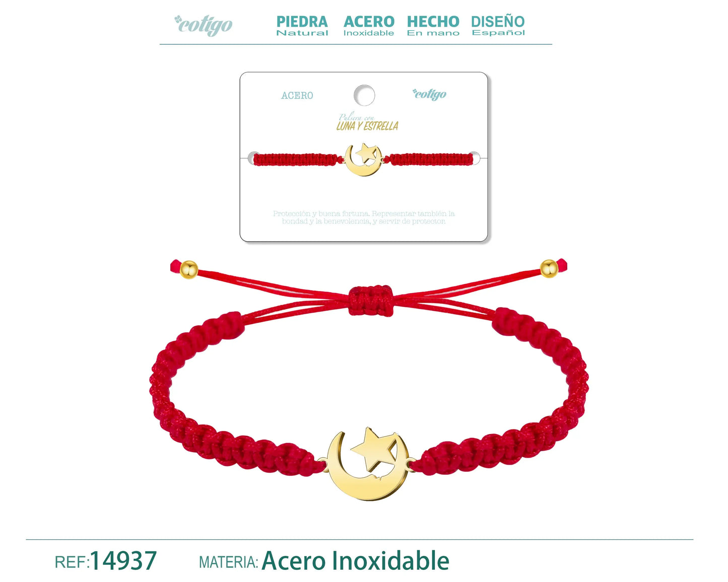 Pulsera Hilo Destino con Luna y Estrella Acero Dorado - cotigo