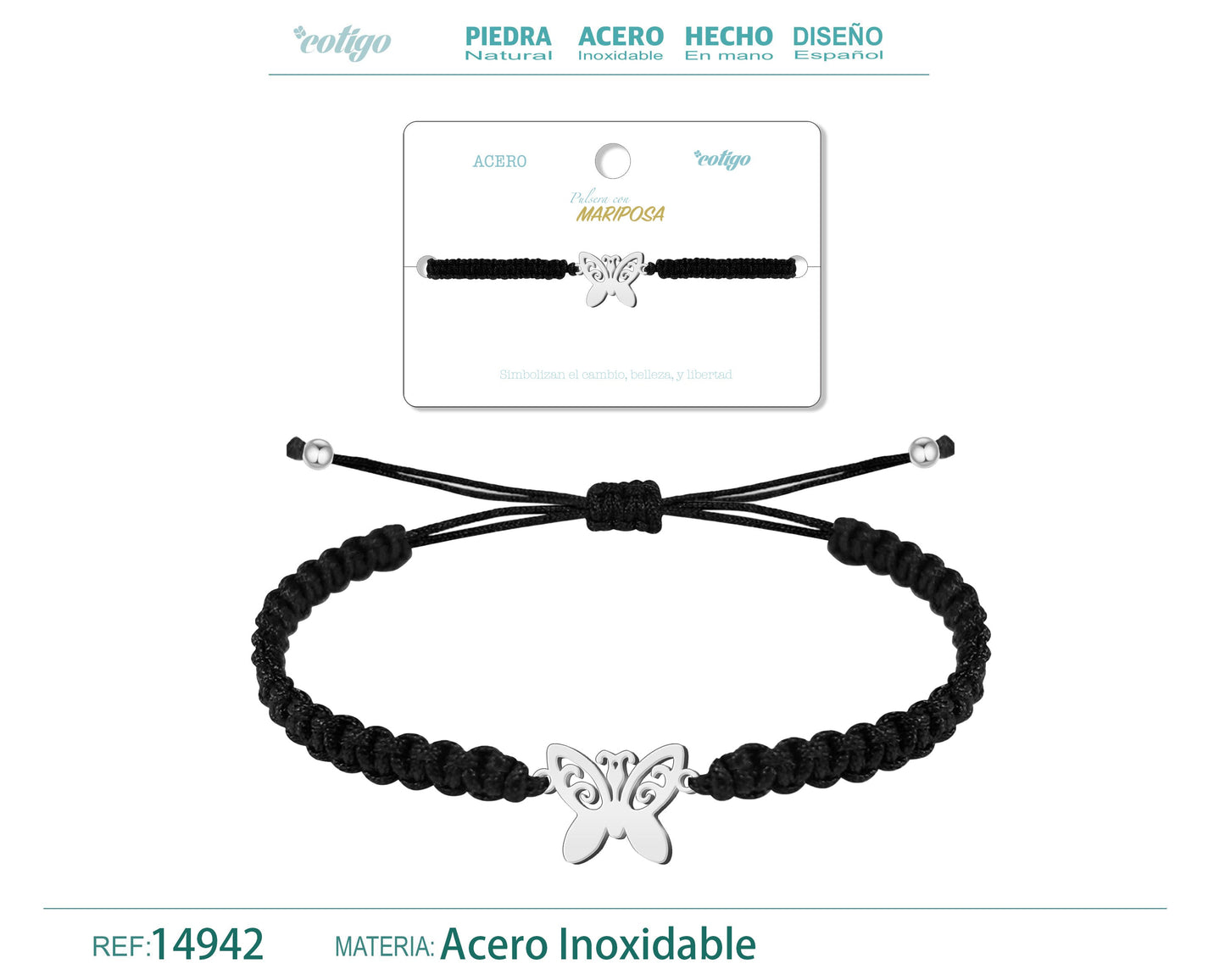 Pulsera Hilo Destino con Mariposa Acero Plateado