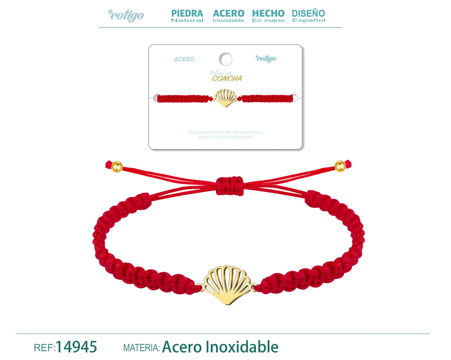 Pulsera Hilo Destino con La concha Acero Dorado