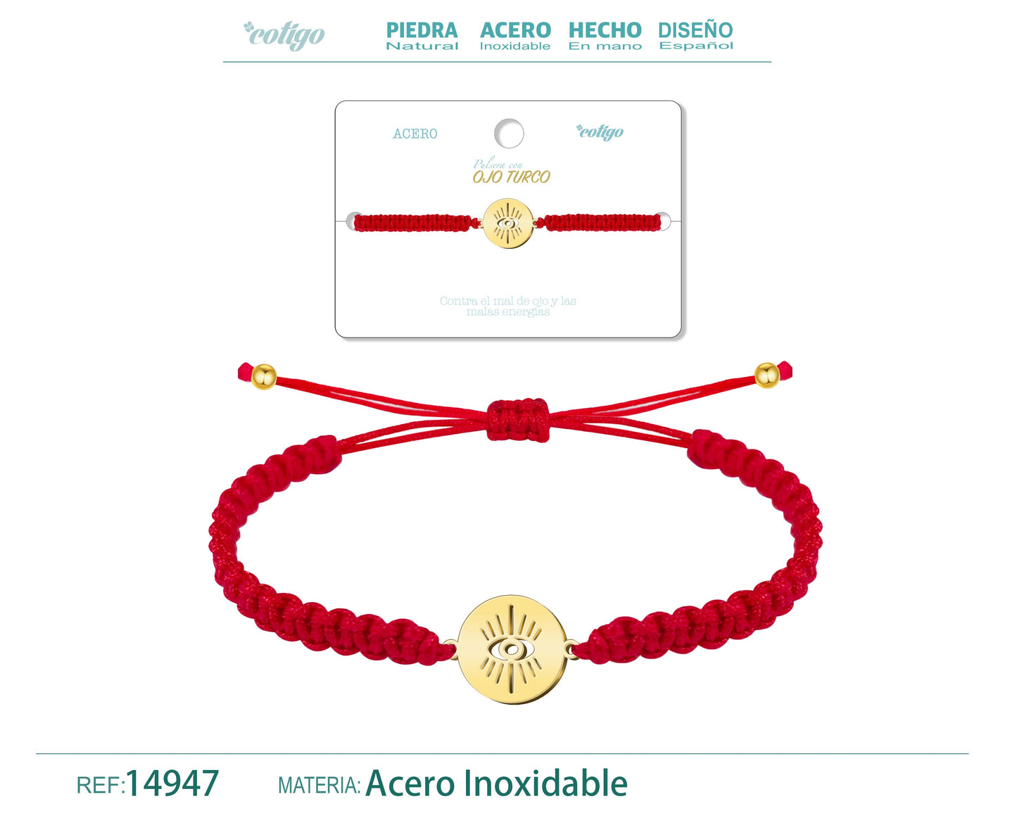 Pulsera Hilo Destino con Ojo Turco Acero Dorado