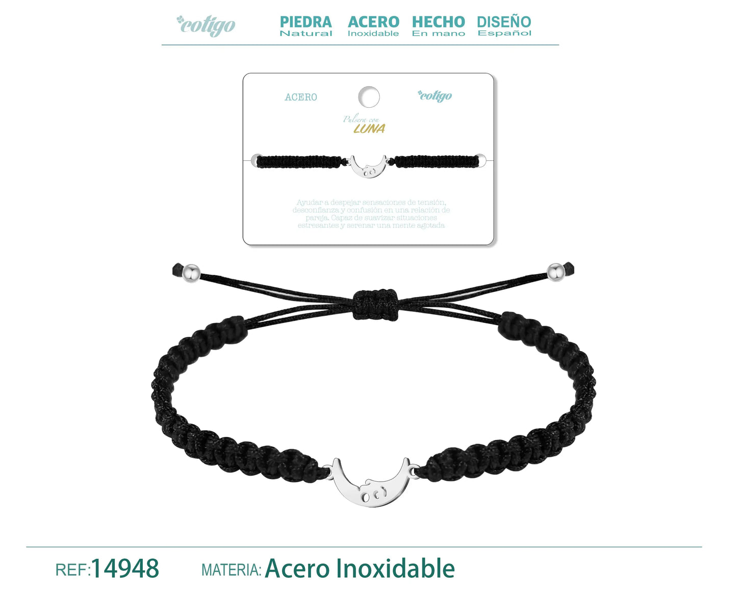 Pulsera Hilo Destino con Luna Acero Plateado - cotigo