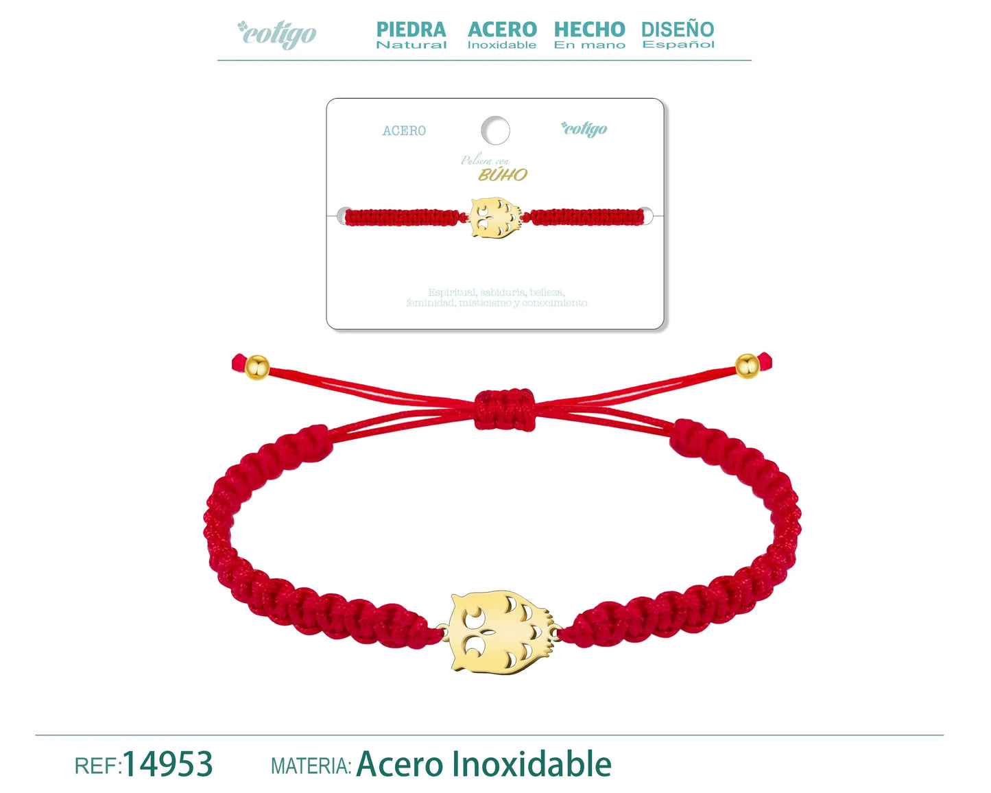 Pulsera Hilo Destino con Búho Acero Dorado - cotigo