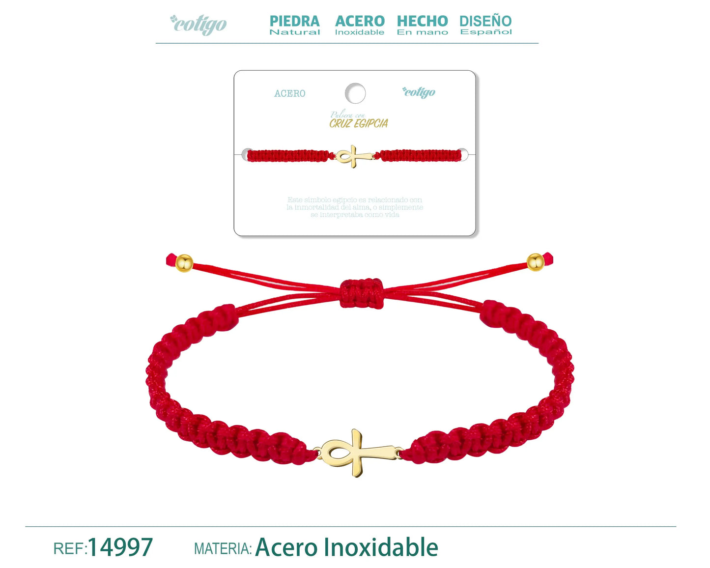 Pulsera Hilo Destino con Cruz Egipcia Acero Dorado - cotigo