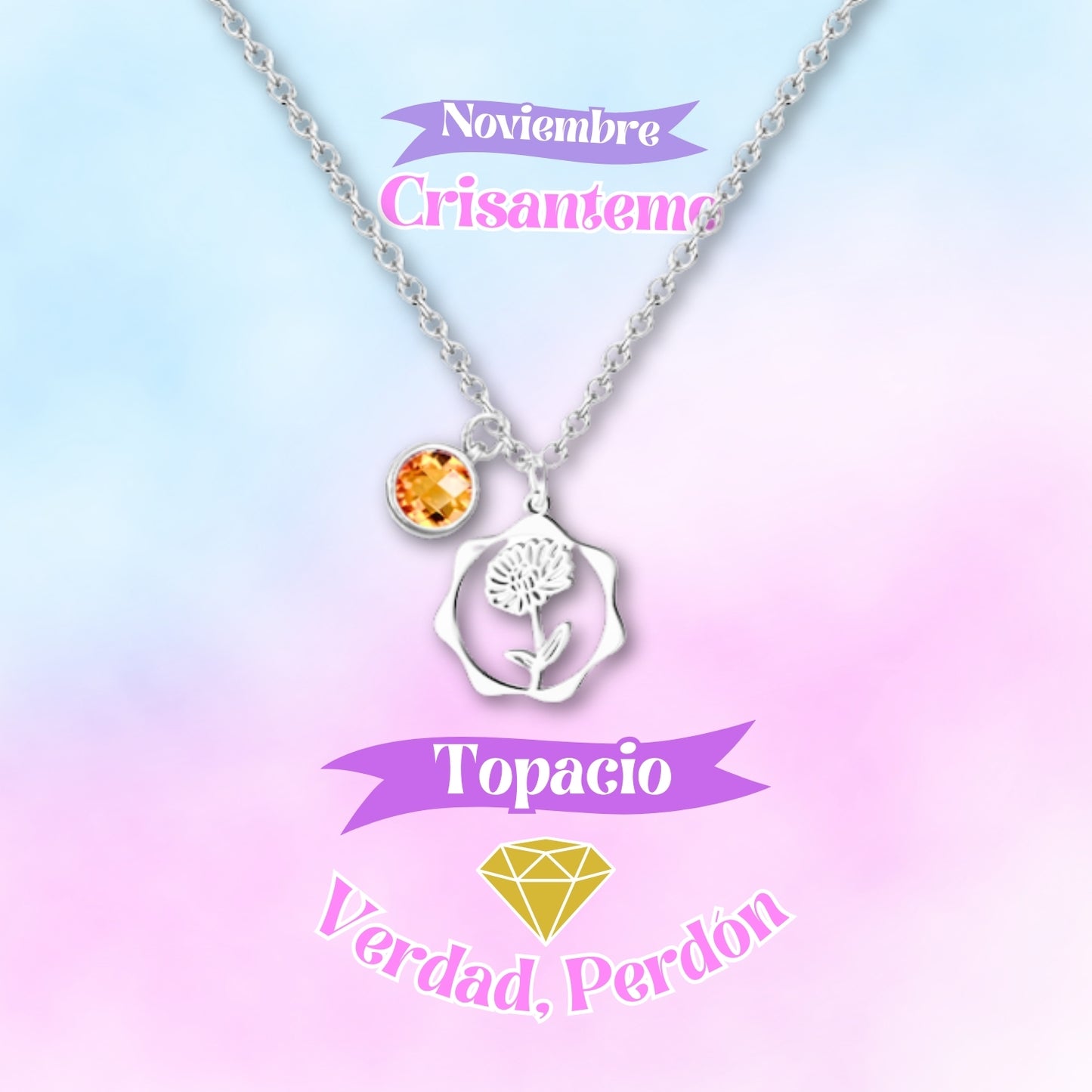 ✨Colgante Piedra y Flor de Nacimiento💐|Corconita con Significado🌈|Acero Inoxidable + Tarjeta + Caja Regalo🎁|Incluye Pulsera 7 Nudos de Protección🔮
