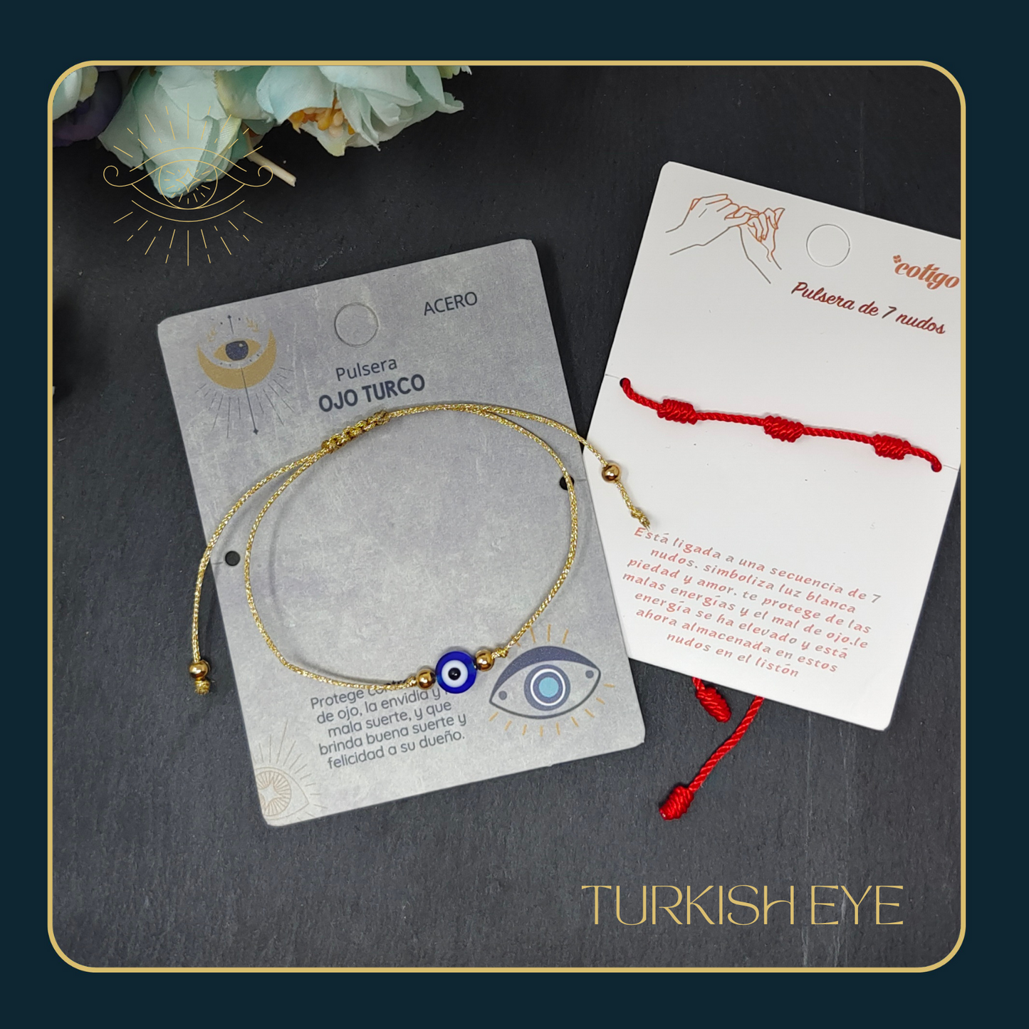 Pulsera Ojo turco Acero con Cordon Dorado