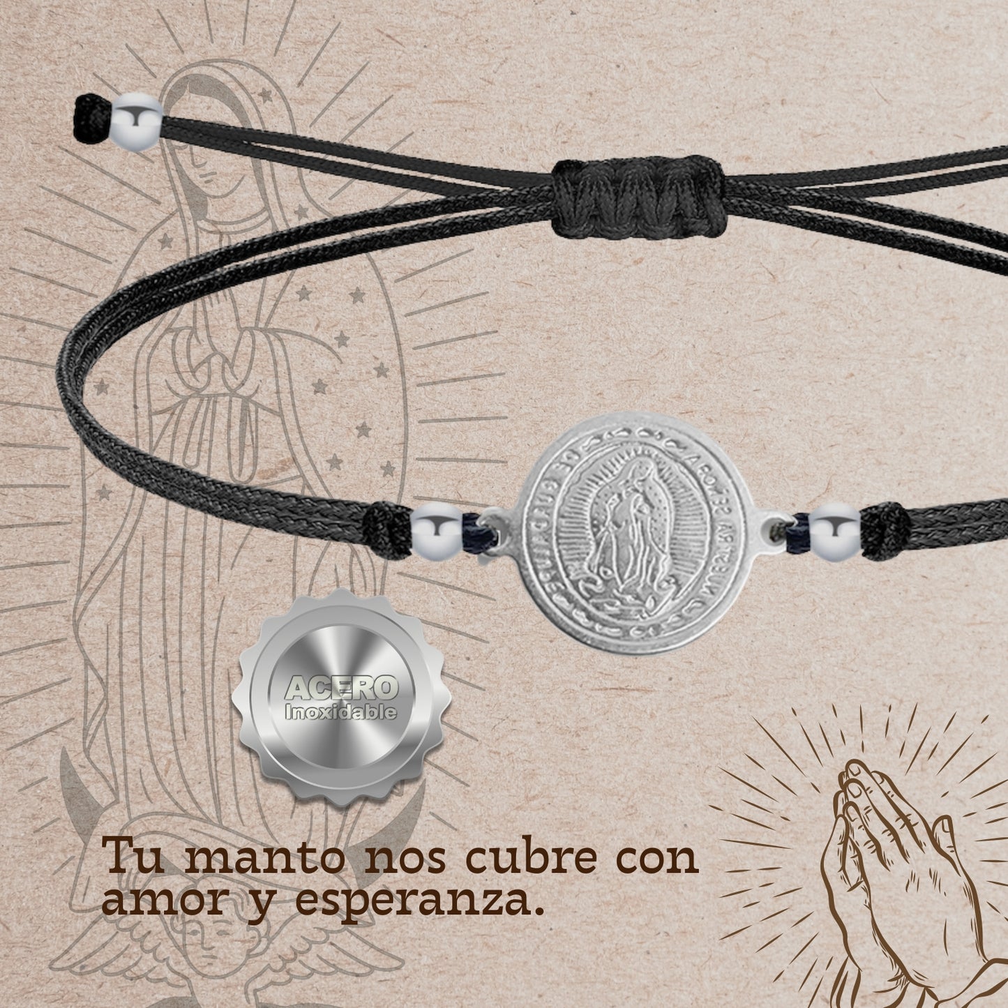 Pulsera Hilo encerado Negro-Virgen Guadalupe Plateado