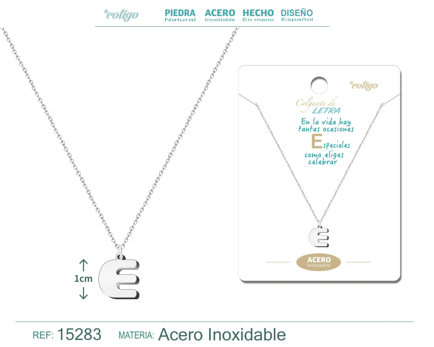Collar Acero Letra E color Plateado - cotigo