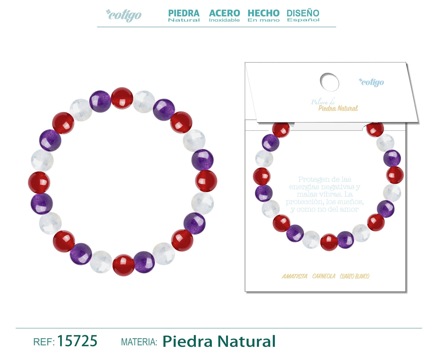 Pulsera Piedra Carneola+Amatista+Cuarzo blanco