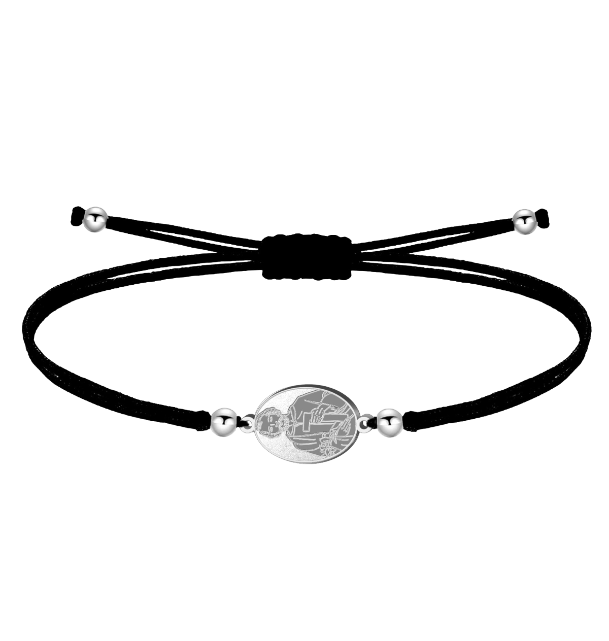 Pulsera de hilo encerado ajustable con medalla de San José Obrero en acero inoxidable. Disponible en hilo negro con acabado plateado.