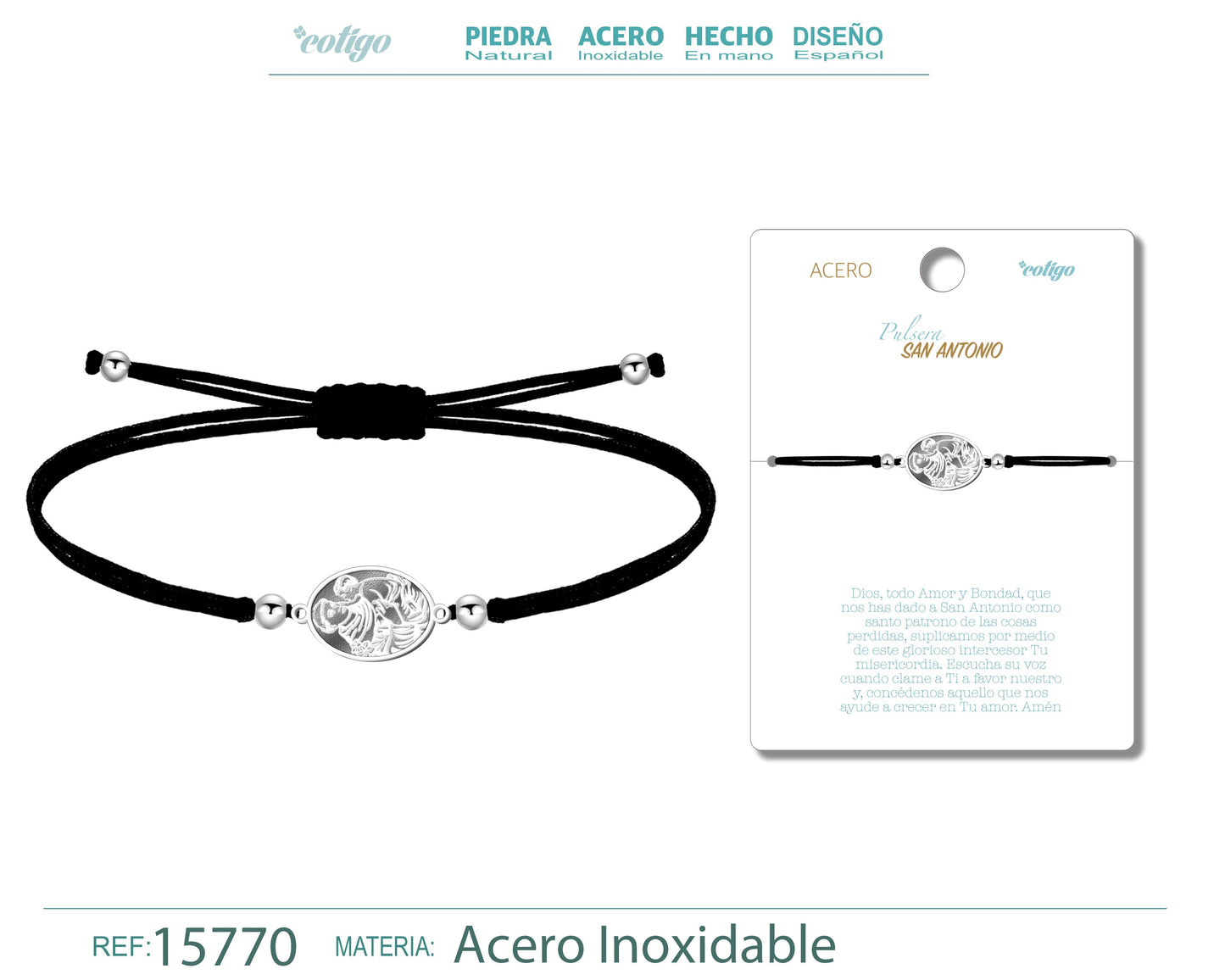 Pulsera Hilo Encerado con SAN ANTONIO color Plateado
