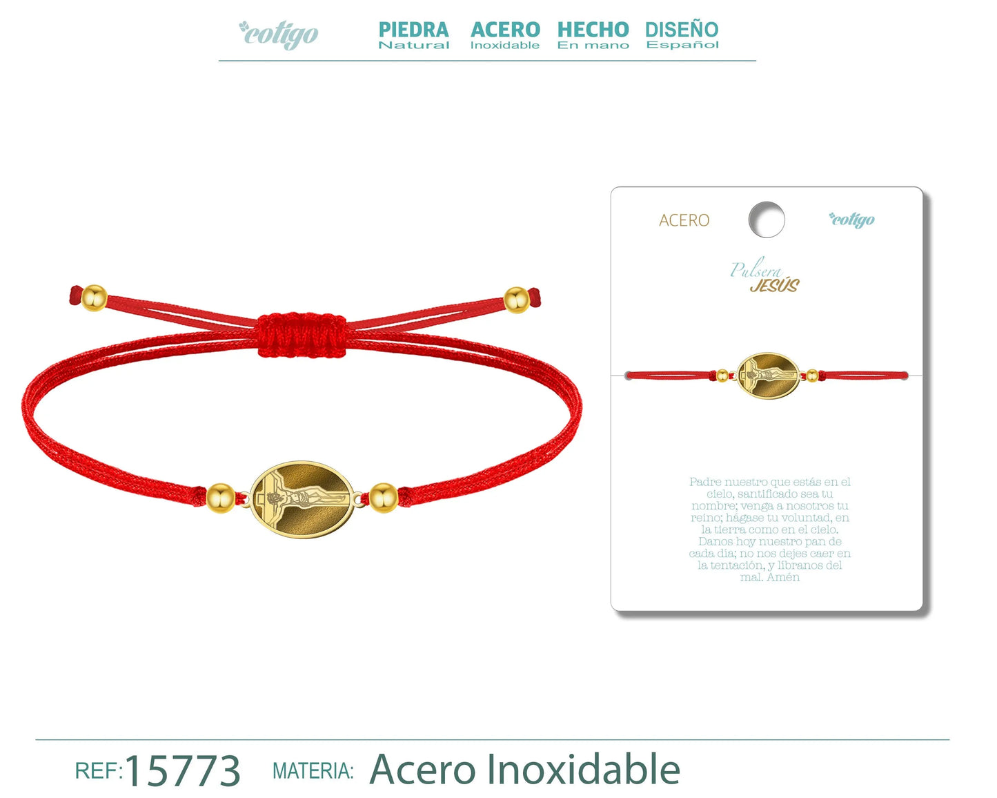 Pulsera Hilo Encerado con Jesús Crucificado color Dorado - cotigo