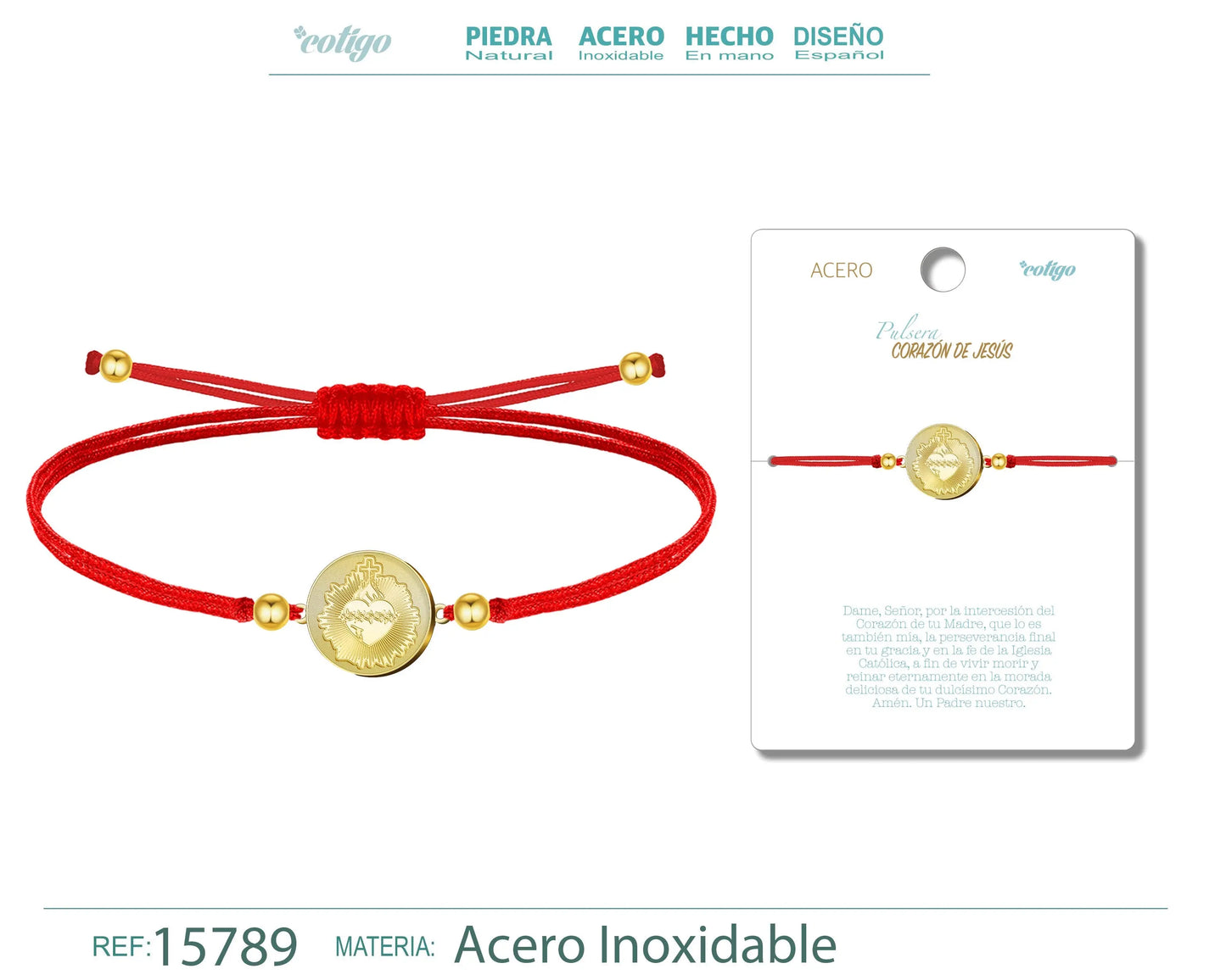 Pulsera Hilo Encerado con CORAZON DE JESUS color Dorado - cotigo