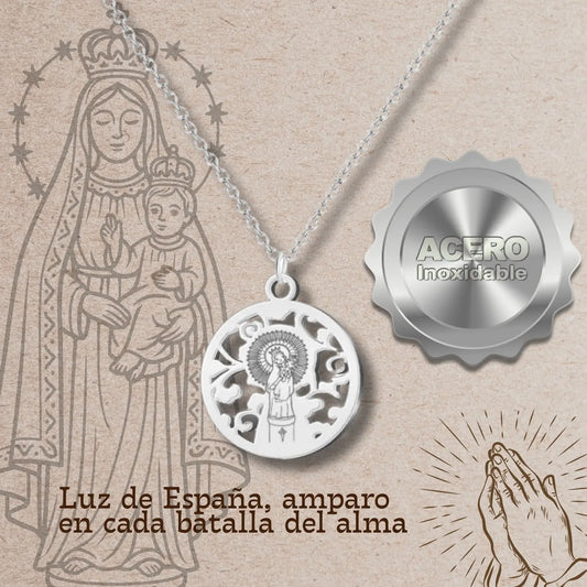 Collar Virgen del Pilar Acero Plateado: Medalla Calada - cotigo