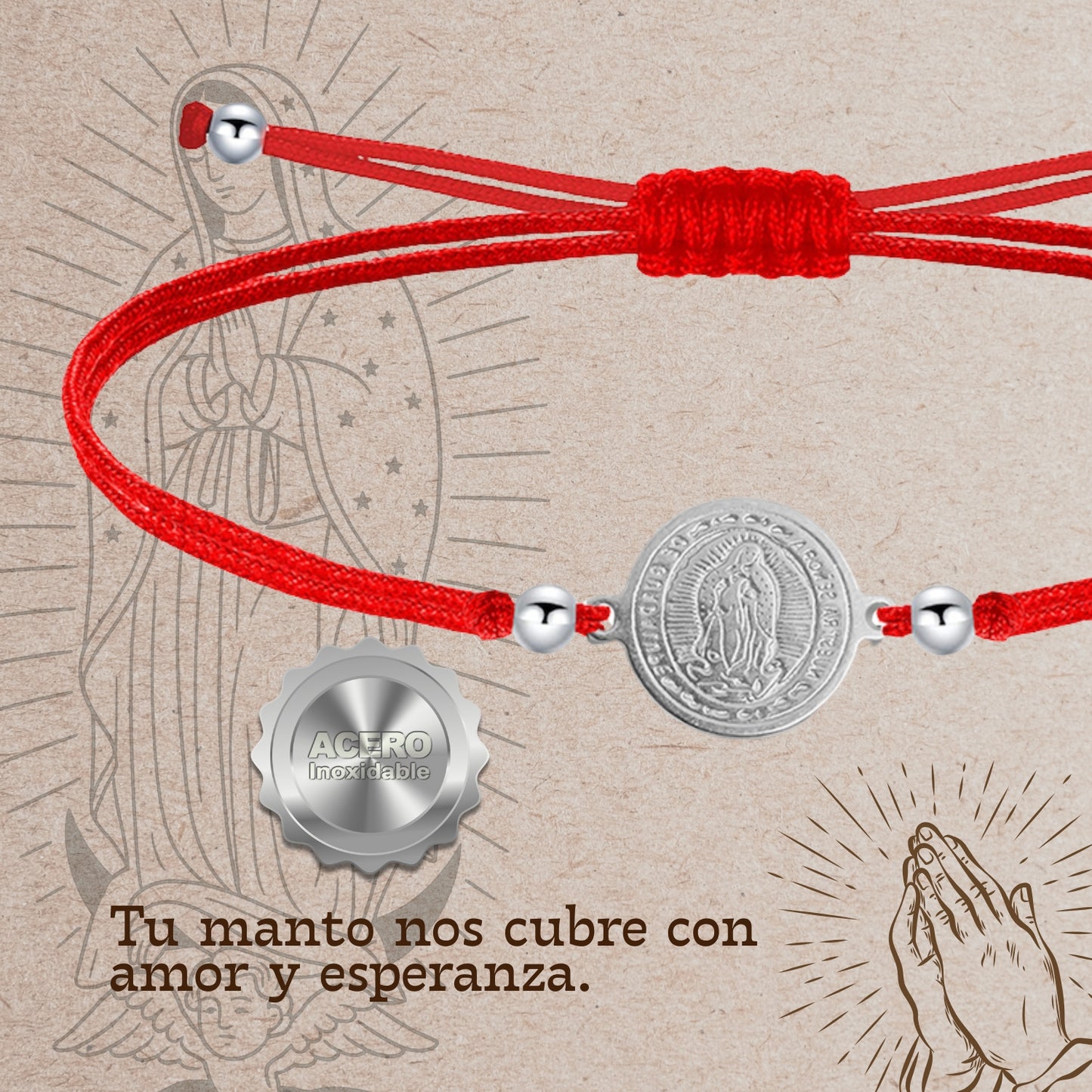 Pulsera Hilo encerado Rojo-Virgen Guadalupe Plateado