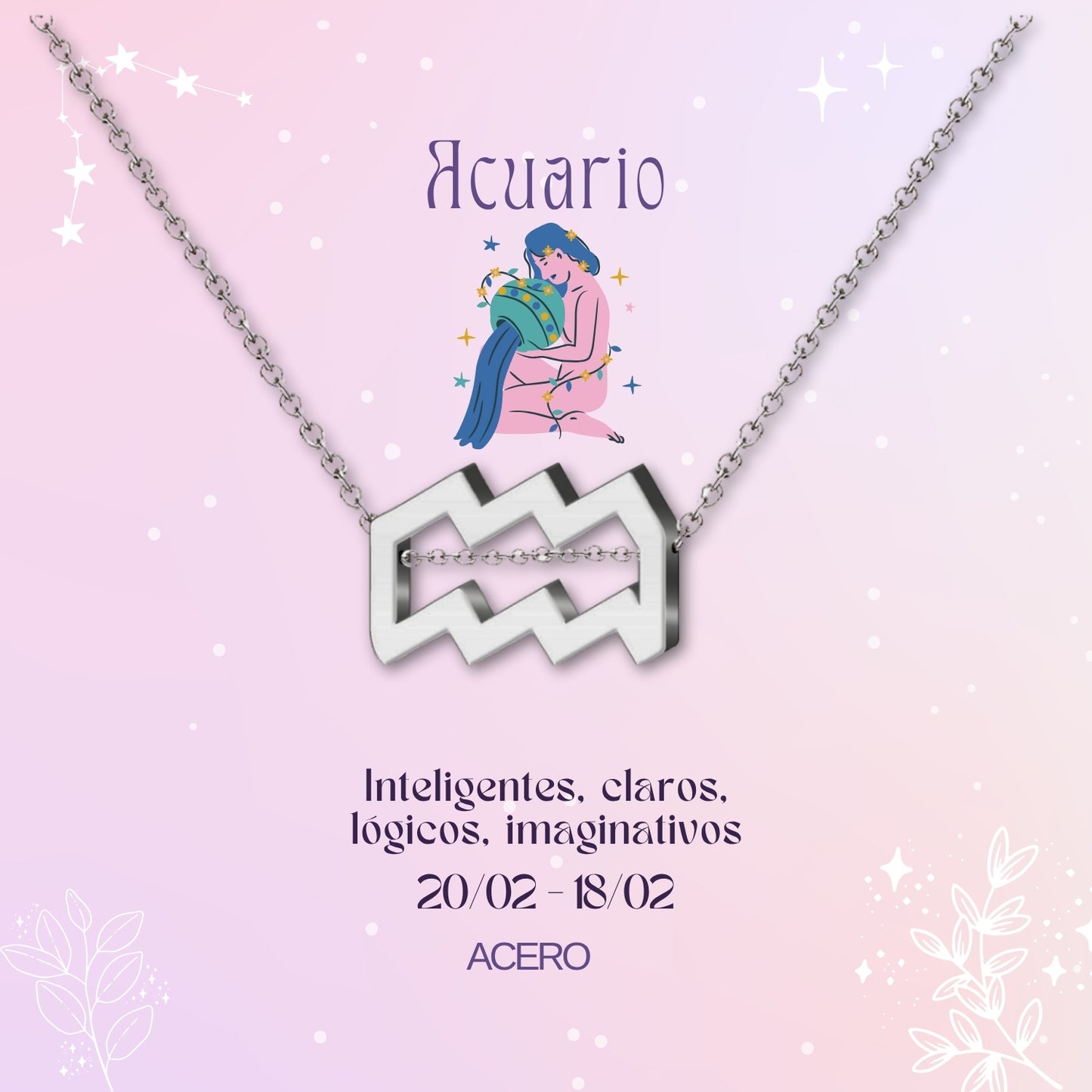 ✨Collar Zodíaco en acero inoxidable + Tarjeta con significado 💌 ¡Incluye pulsera 7 nudos y caja de regalo! 🎁✨