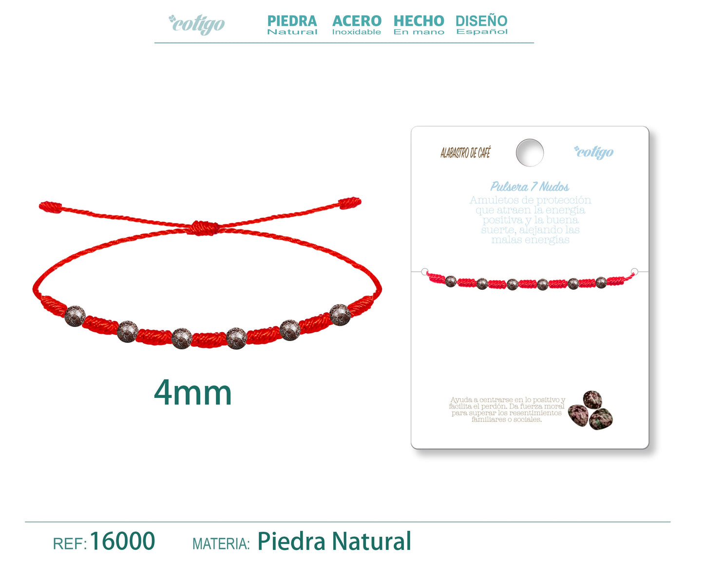 Pulsera 7 Nudos con Alabastro de café 4mm