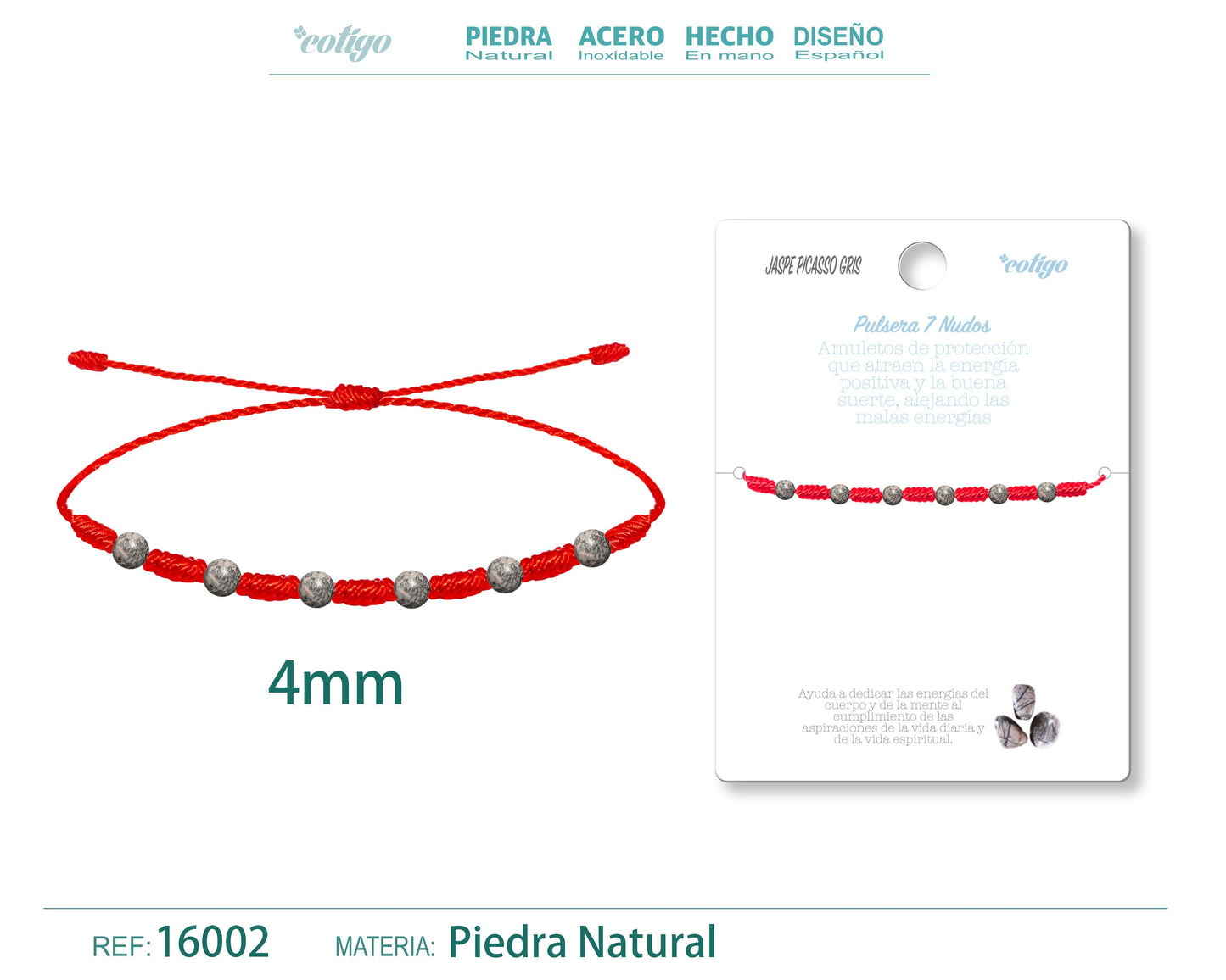 Pulsera 7 Nudos con Jaspe picasso gris 4mm