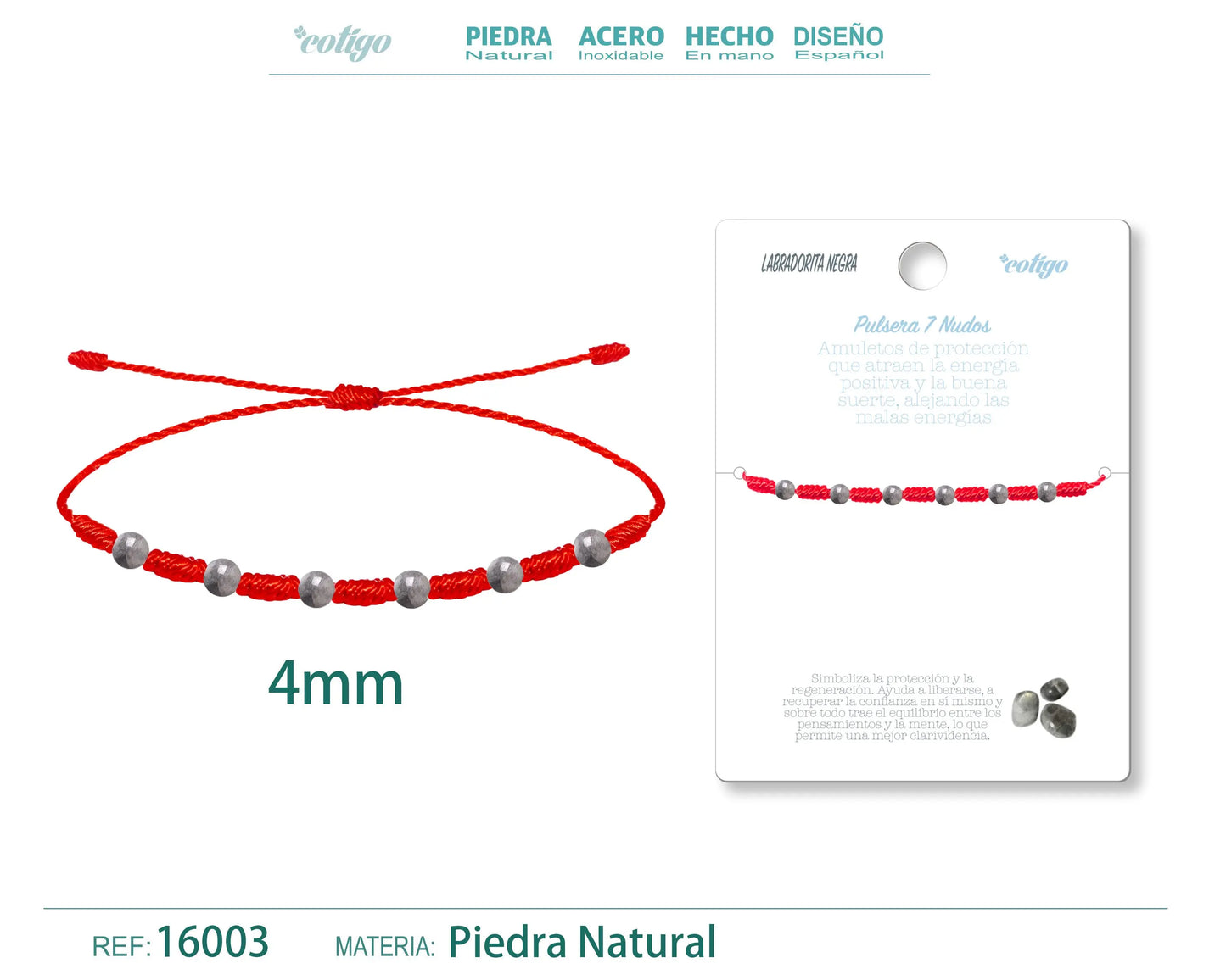 Pulseira de 7 nós com labradorita preta de 4 mm