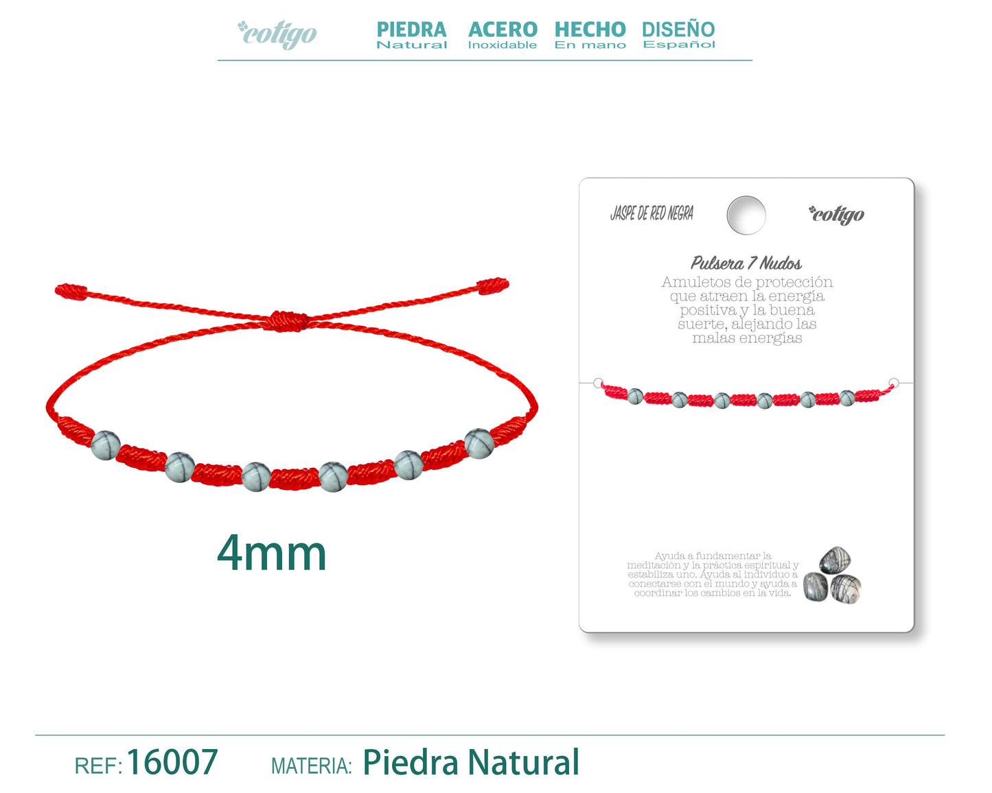 Pulsera 7 Nudos con Jaspe de red negra 4mm