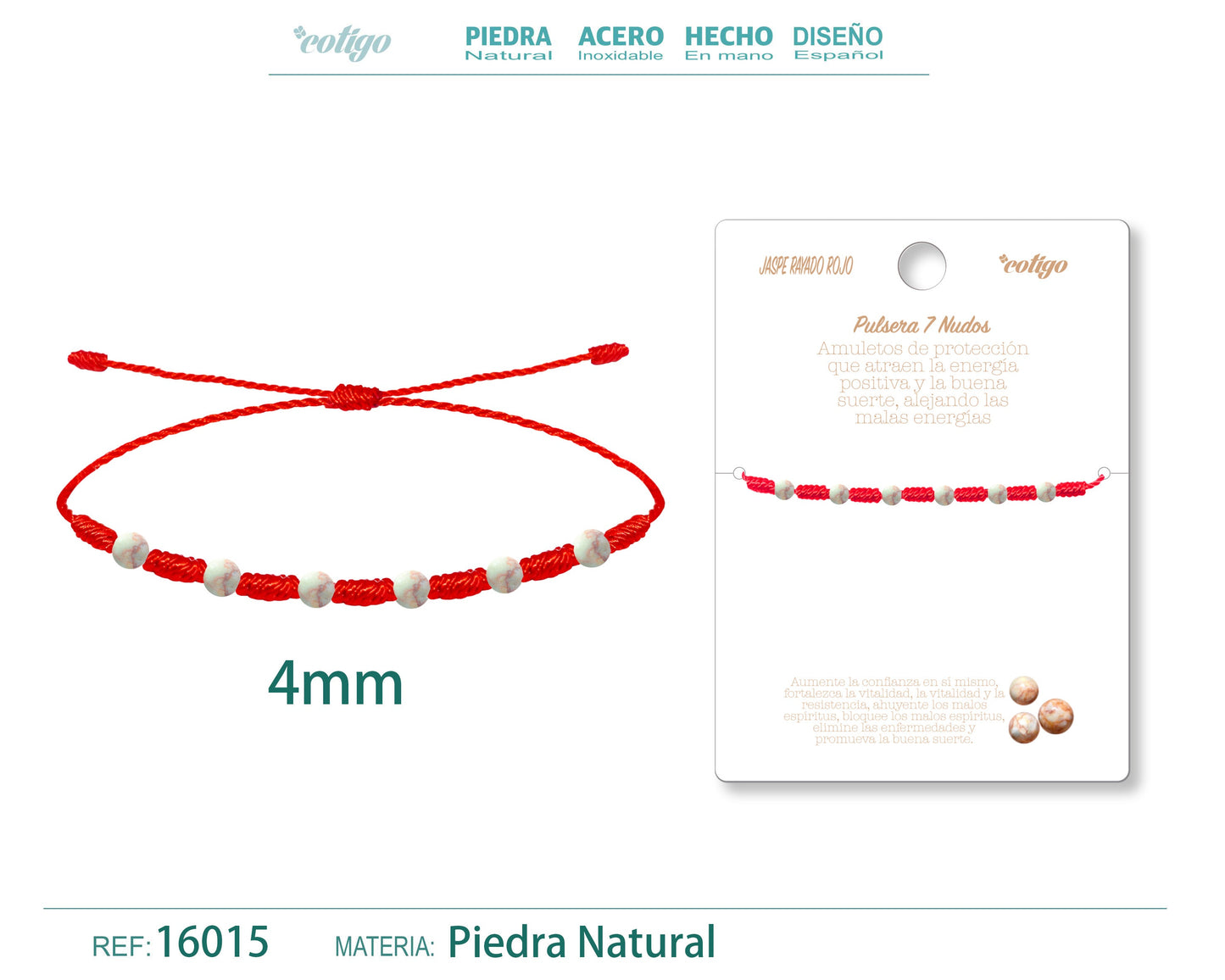 Pulsera 7 Nudos con Jaspe rayado rojo 4mm