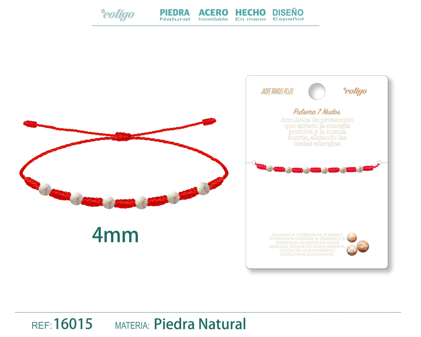 Pulsera 7 Nudos con Jaspe rayado rojo 4mm - cotigo