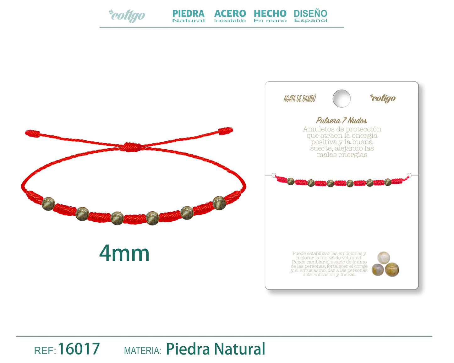 Pulsera 7 Nudos con Agata de bambú 4mm - cotigo