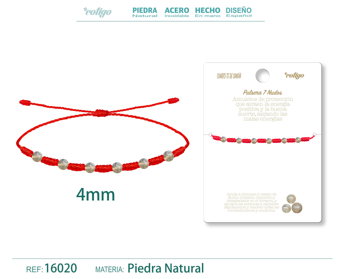 Pulsera 7 Nudos con Cuarzo te de sandía 4mm