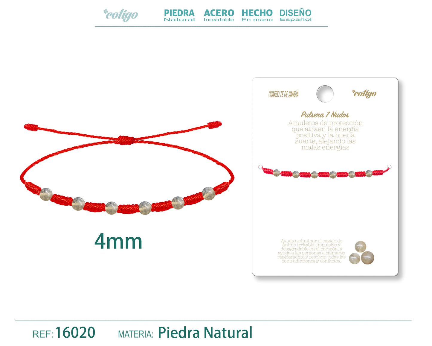 Pulsera 7 Nudos con Cuarzo te de sandía 4mm - cotigo