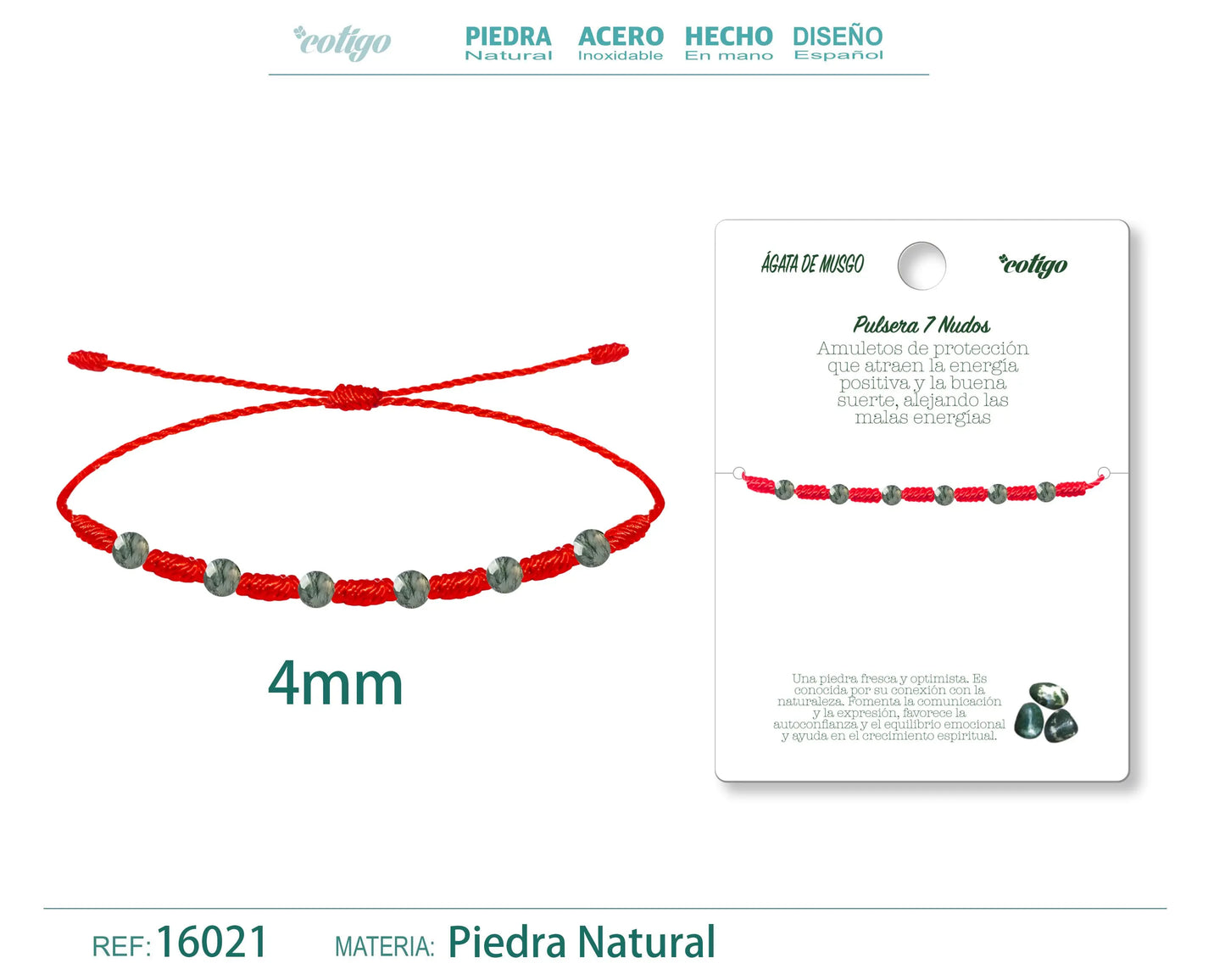 Pulsera 7 Nudos con Agata de musgo 4mm - cotigo