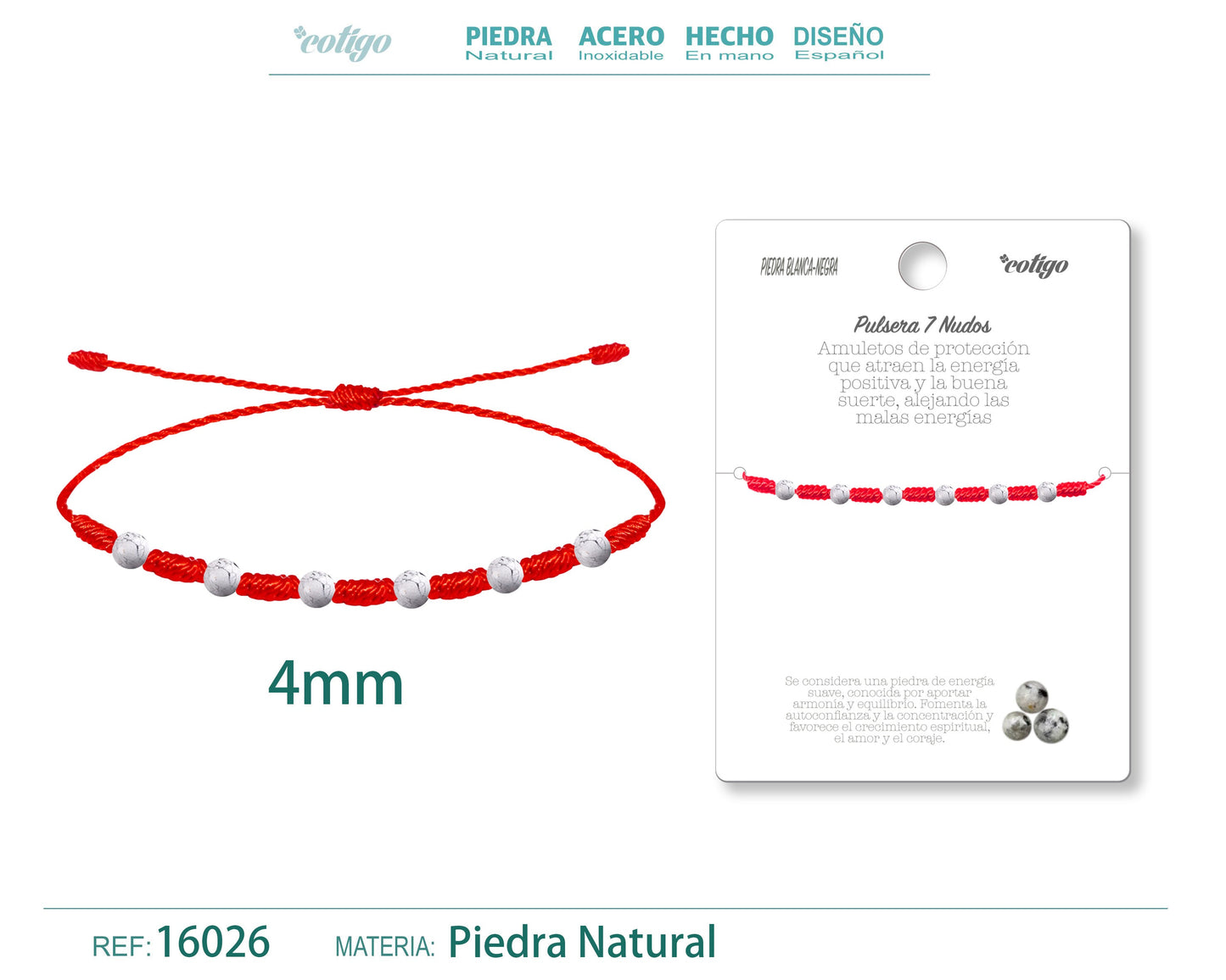 Pulsera 7 Nudos con Piedra balnco negra 4mm